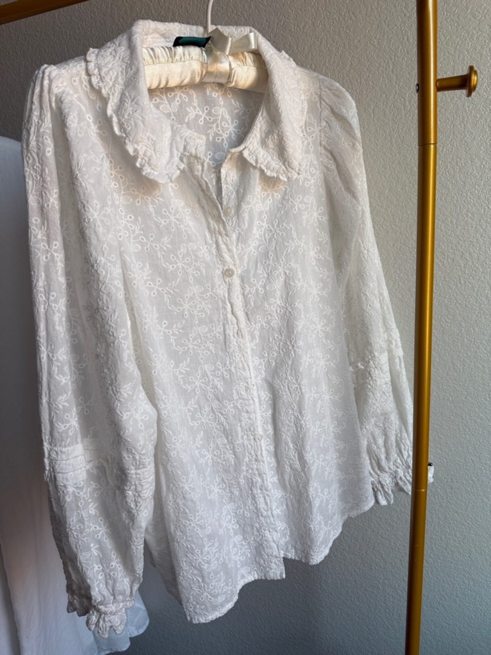 Delicate White Eyelet Button-Down Blouse with Scalloped Collar